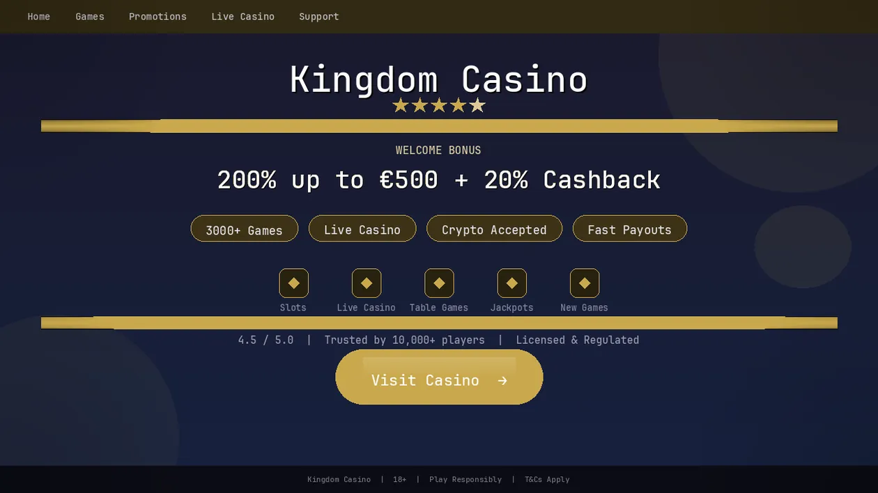 Page d'accueil de Kingdom Casino avec bonus de bienvenue et catalogue de jeux