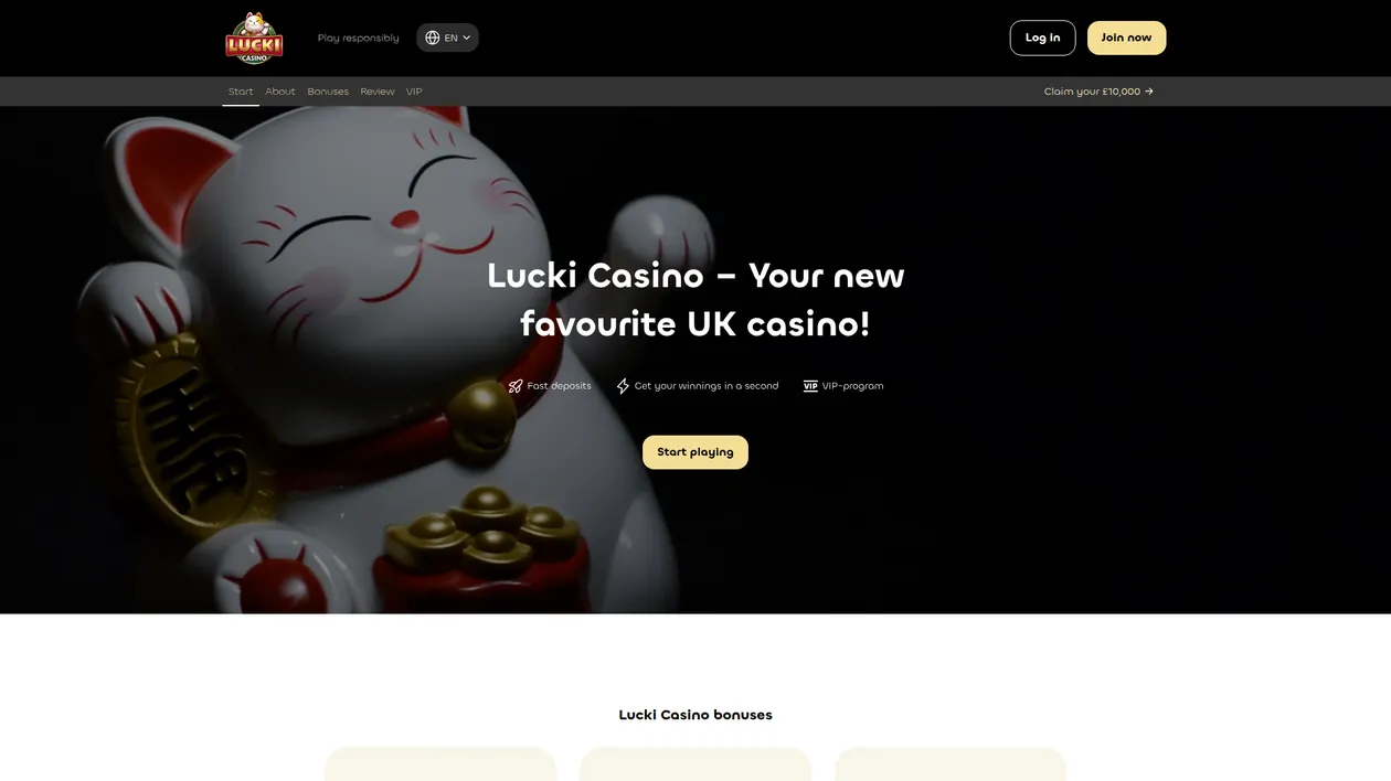 Page d'accueil de Lucki Casino avec bonus de bienvenue et catalogue de jeux