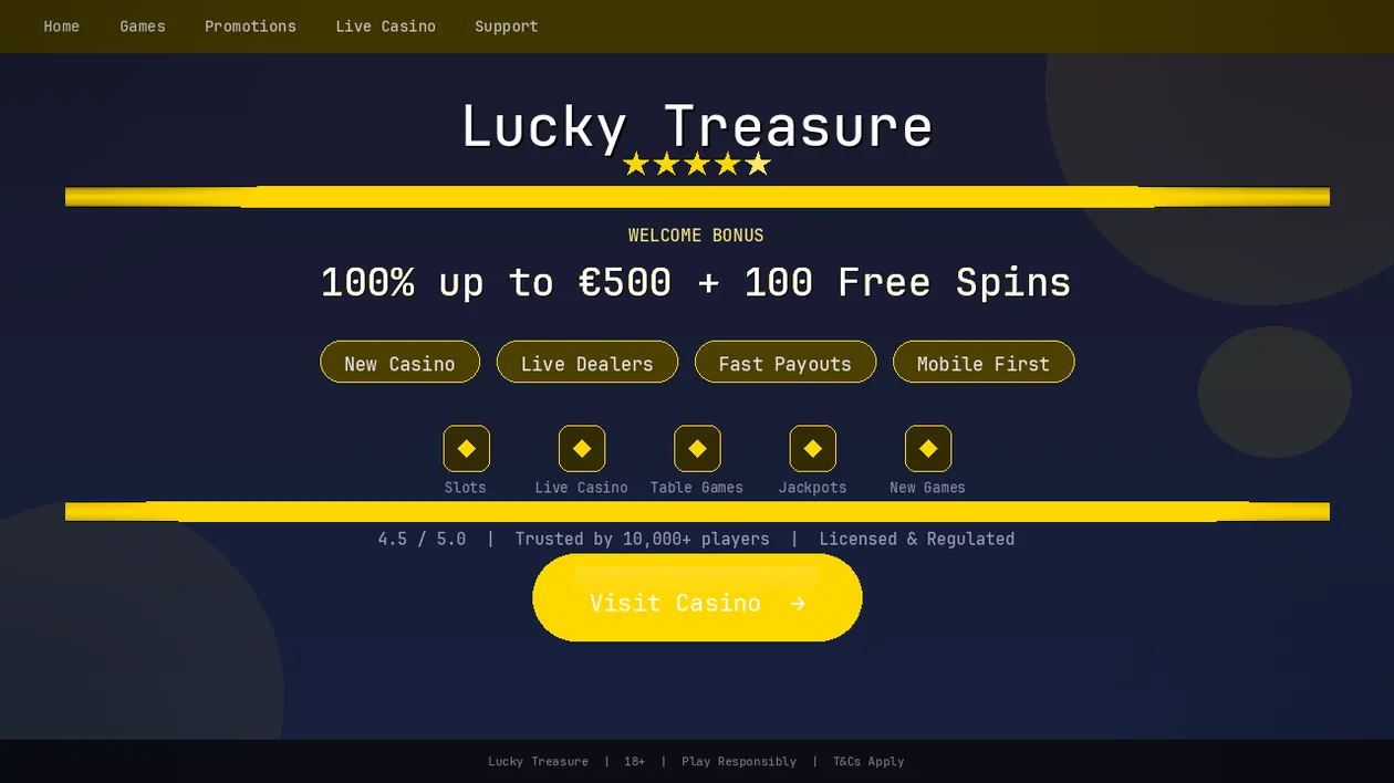 Page d'accueil de Lucky Treasure avec bonus de bienvenue et catalogue de jeux