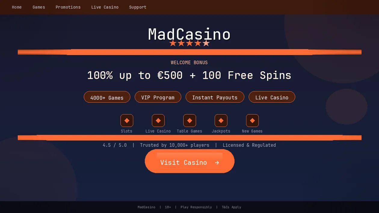 Page d'accueil de MadCasino avec bonus de bienvenue et catalogue de jeux