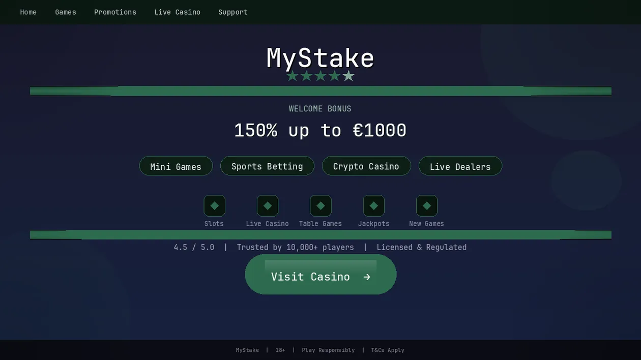 Page d'accueil de MyStake avec bonus de bienvenue et catalogue de jeux