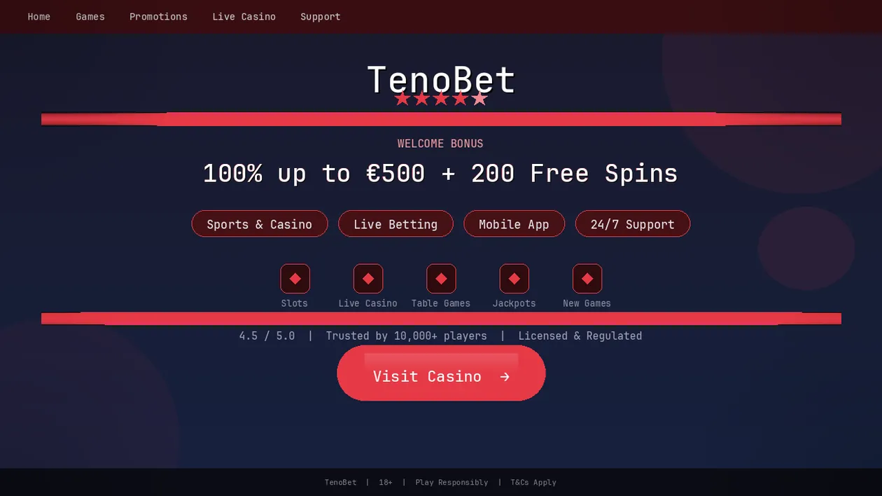 Page d'accueil de TenoBet avec bonus de bienvenue et catalogue de jeux